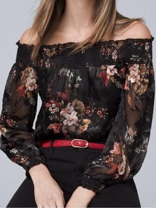 White House Black Market Tops - WHBM Black Floral Burnout Silk Off Shoulder Peasant Blouse XS